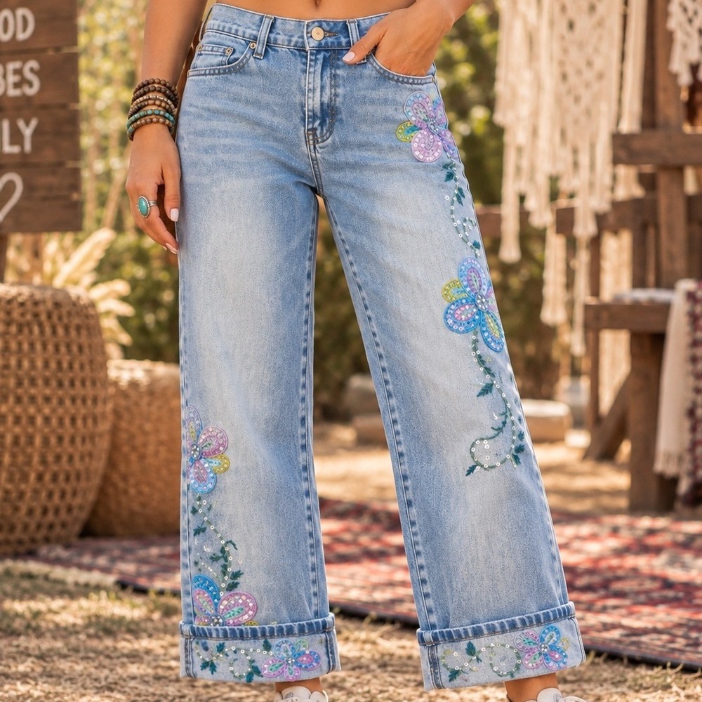 DG2 Diane Gilman Floral Embroidered Sequin Cuffed Cropped Jeans Light Wash 4